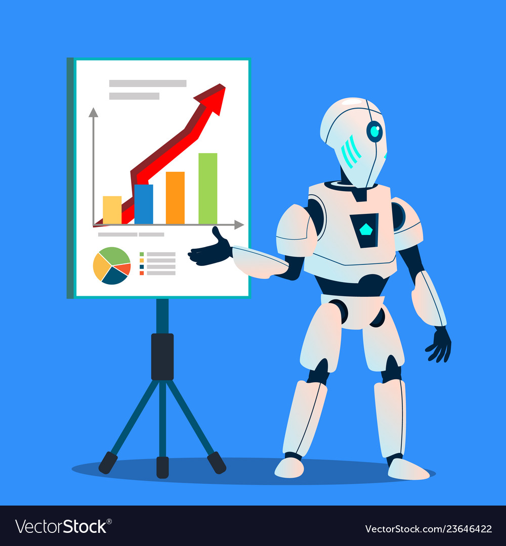 Robot preparing analytic and financial graphics vector image Robot preparing analytic and financial graphics