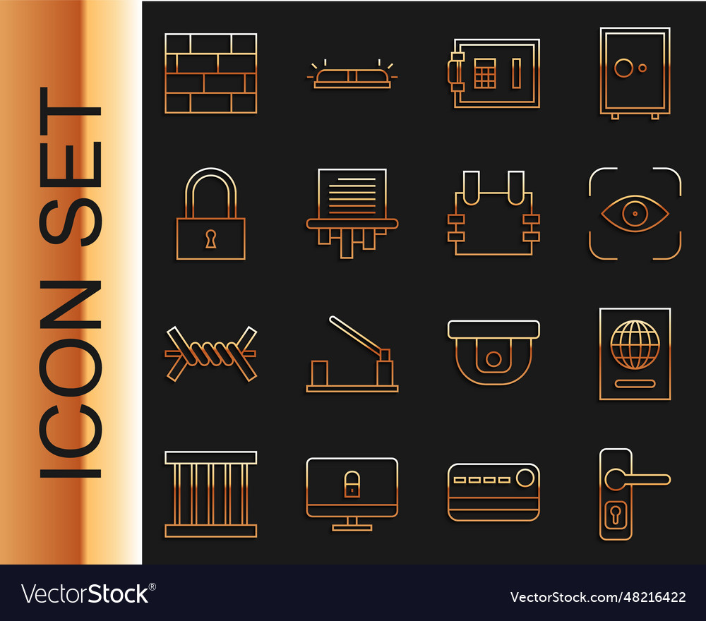 Set line door handle passport eye scan safe paper vector image Set line door handle passport eye scan safe paper