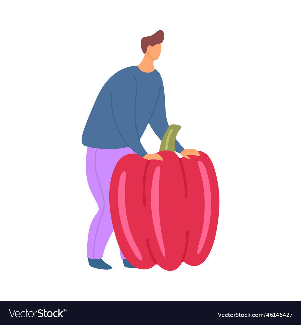 Cartoon color character boy holding pepper food vector image Cartoon color character boy holding pepper food