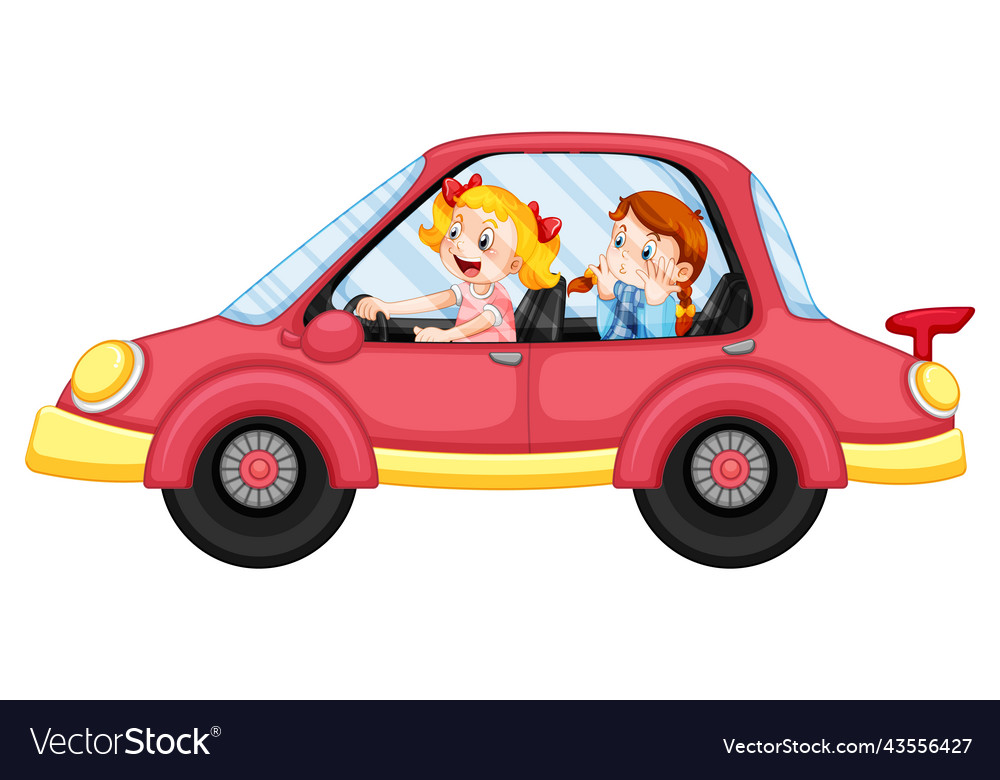 Kids In A Red Car In Cartoon Style Royalty Free Vector Image