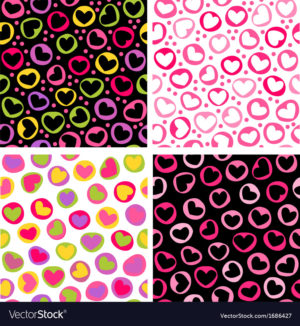 Set of four seamless patterns with doodled hearts