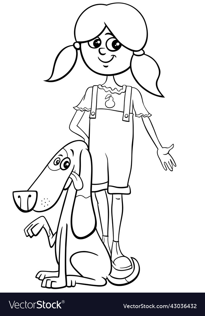 Cartoon girl with dog character coloring page Vector Image