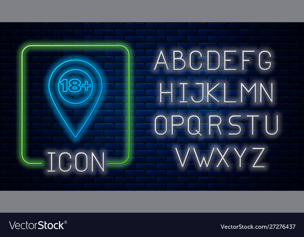 Glowing neon map pointer with 18 plus icon vector image Glowing neon map pointer with 18 plus icon