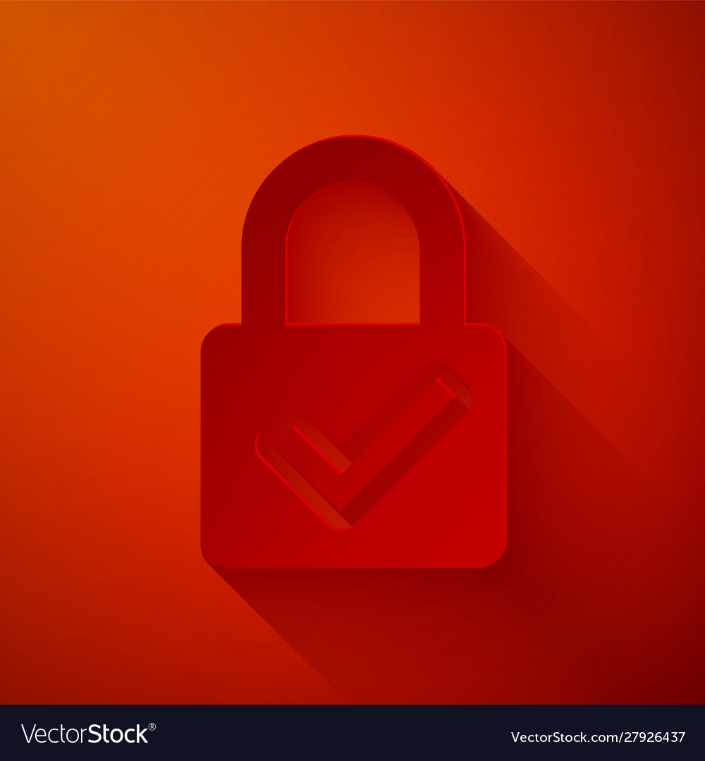 Paper cut open padlock and check mark icon vector image Paper cut open padlock and check mark icon