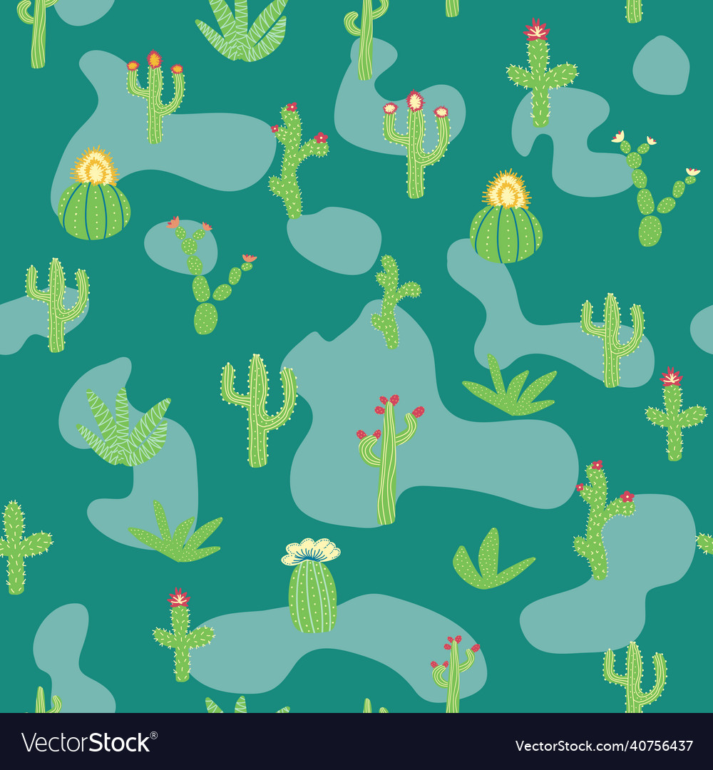 Seamless pattern with different cactus bright vector image Seamless pattern with different cactus bright