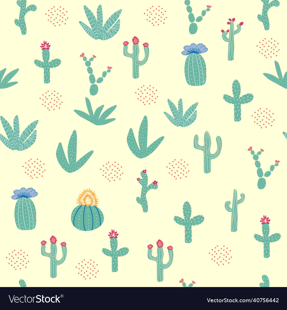 Seamless pattern with different cactus bright vector image Seamless pattern with different cactus bright