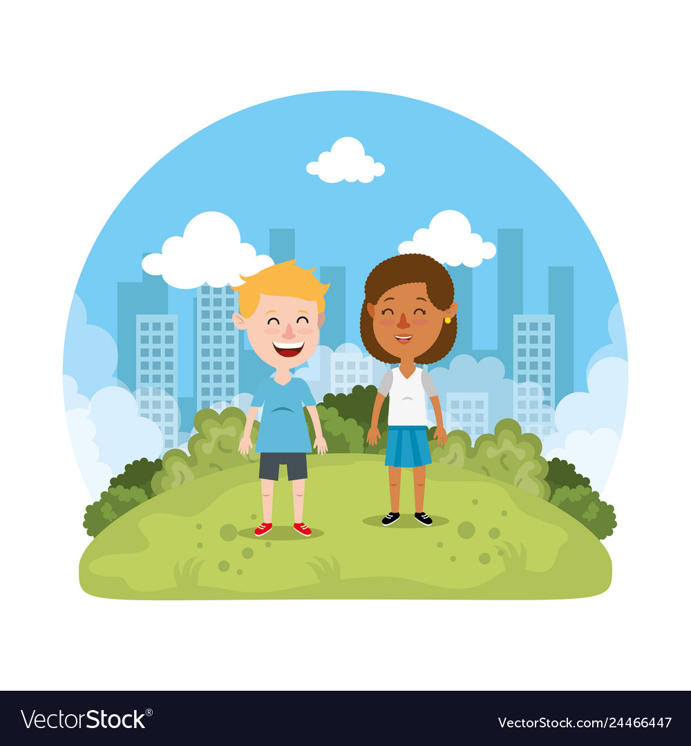 Cute little kids couple in the park Royalty Free Vector