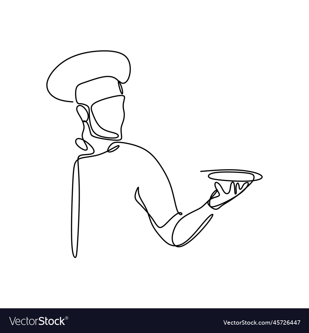 One chef draws a continuous line showing Vector Image One chef draws a continuous line showing