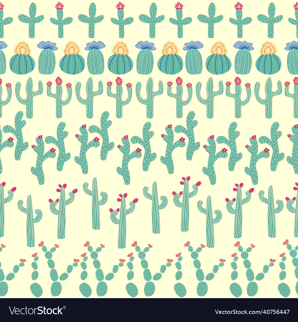 Seamless pattern with different cactus bright vector image Seamless pattern with different cactus bright