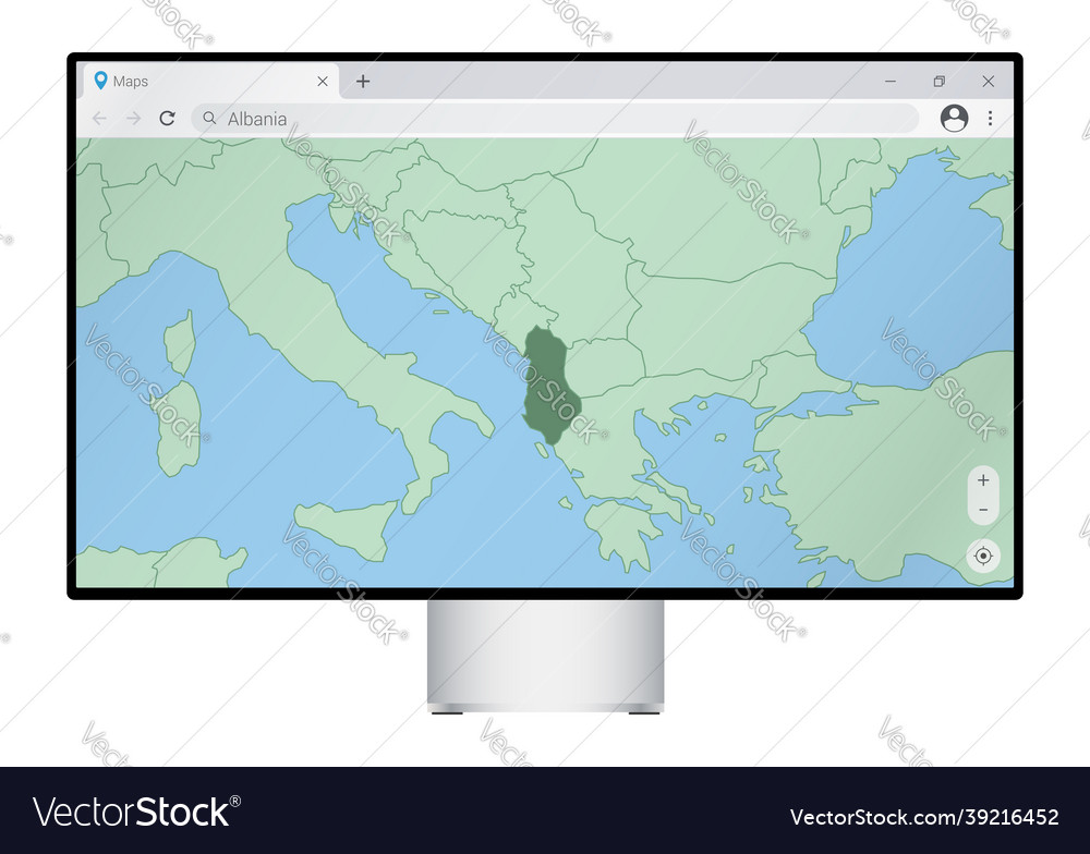 Computer monitor with map of albania in browser