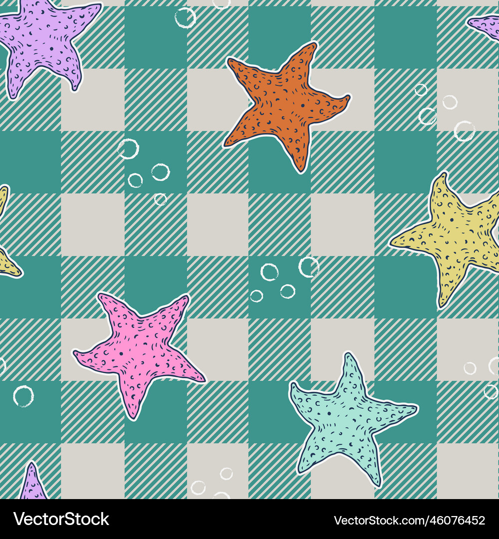 Hand drawn starfish pattern on checkered Vector Image