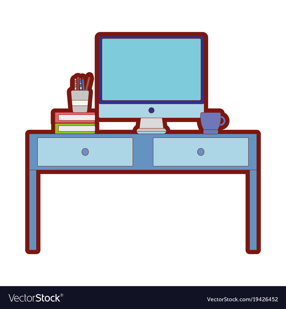 Line color wood desk with computer screen