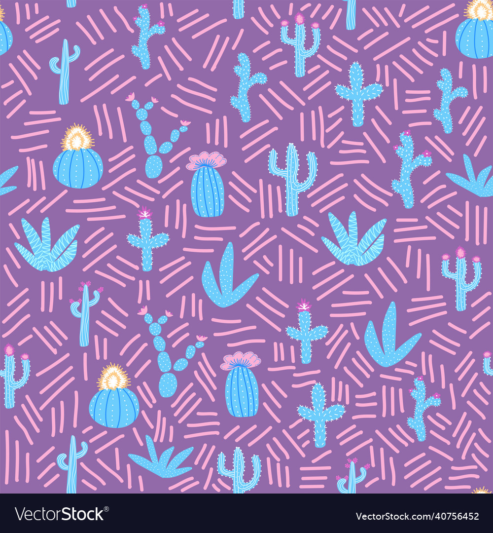Seamless patterns with different cacti bright vector image Seamless patterns with different cacti bright