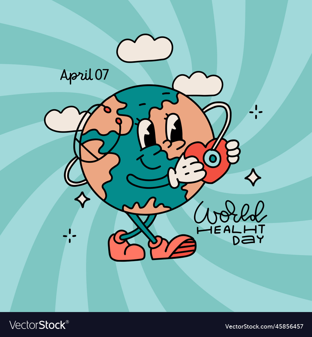 70s retro cartoon earth mascot holding a heart Vector Image