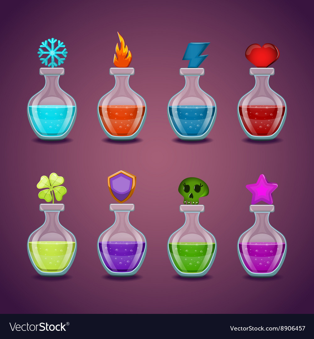Big set bottles with different potions