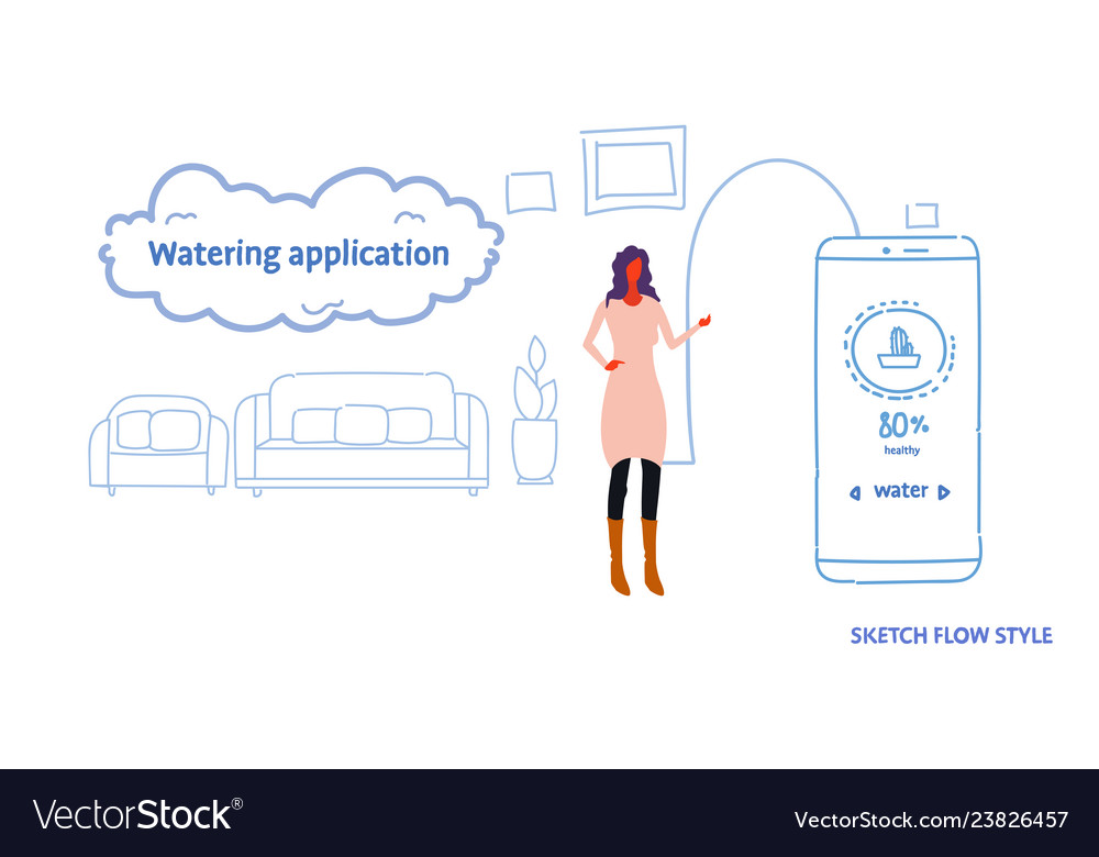 Woman using mobile watering application smart
