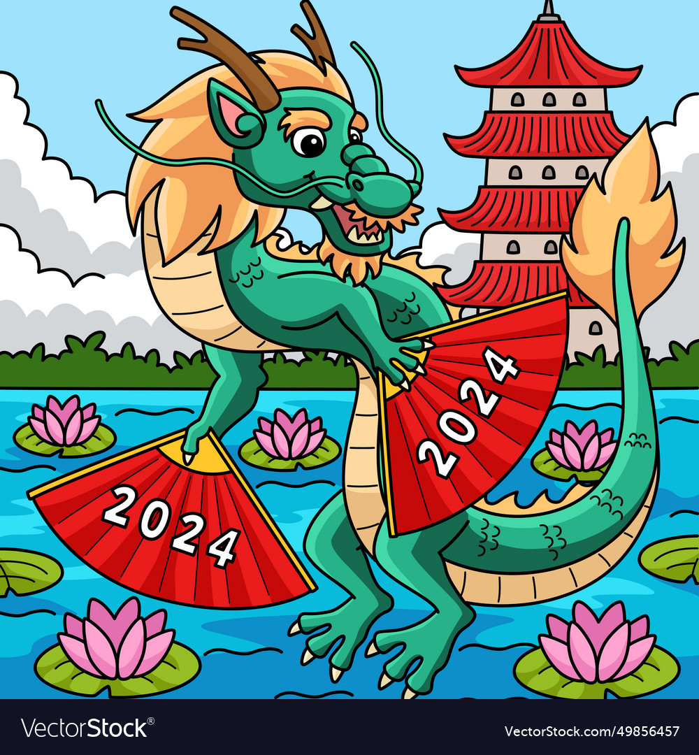Year of the dragon with 2024 fans colored cartoon