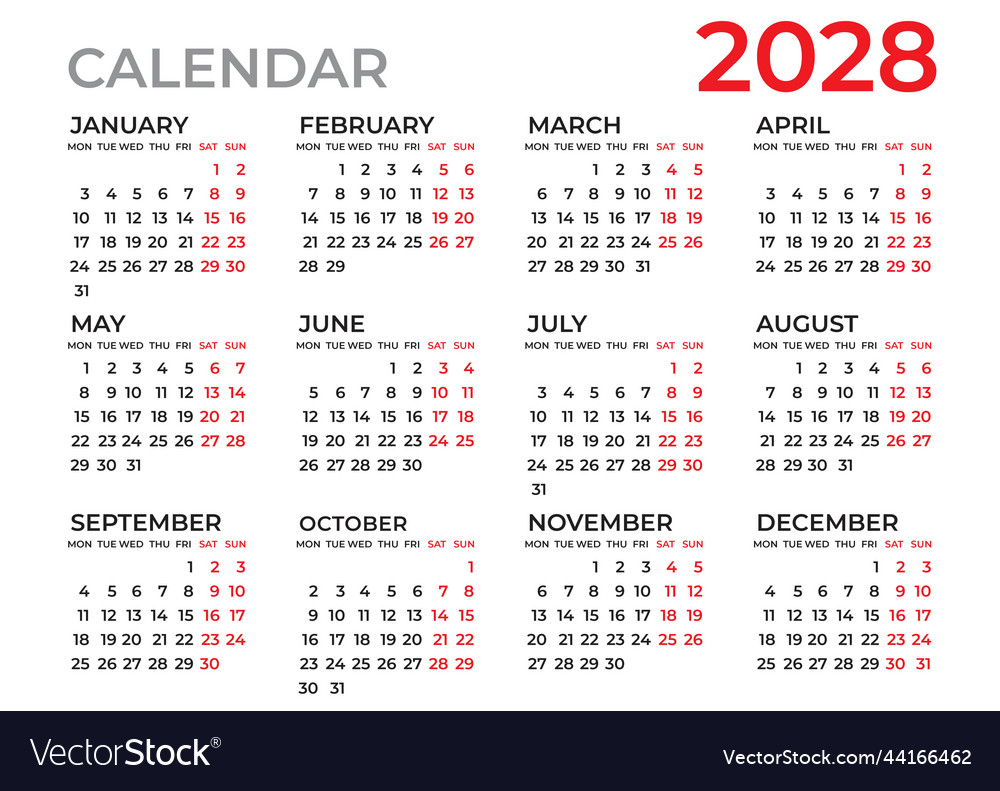 Calendar 2028 template planner year Royalty Free Vector