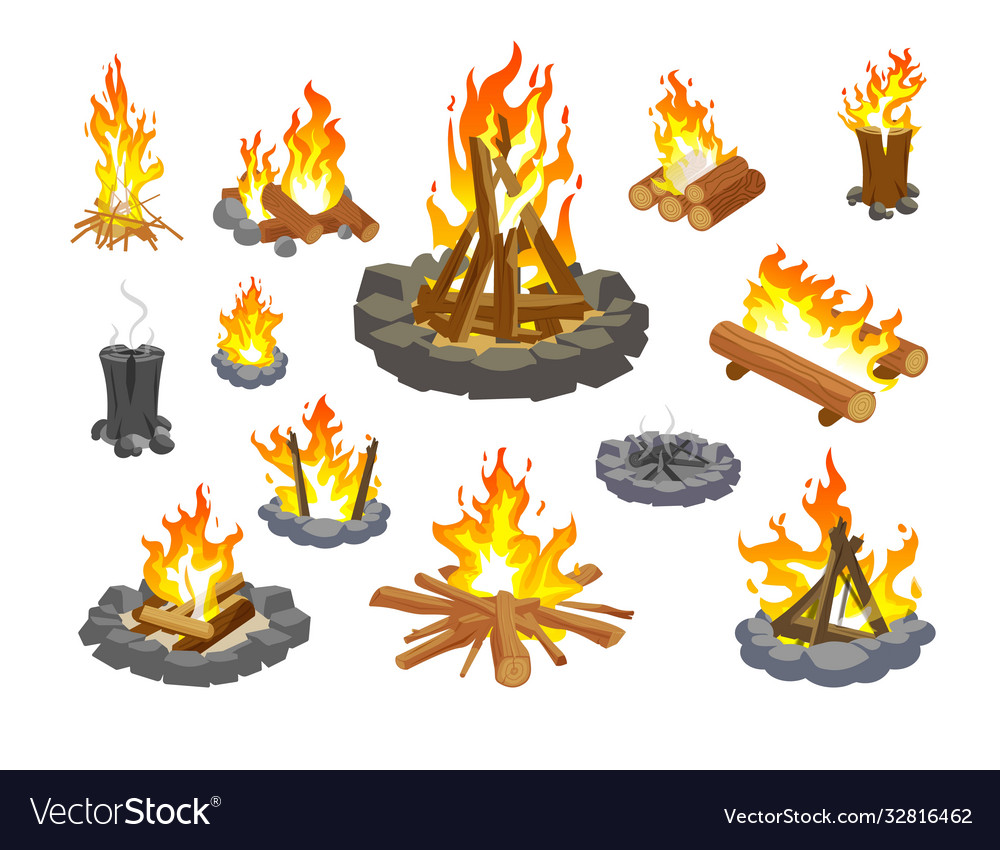 Campfire Icon Set isolierte Cartoon Feuer Flamme