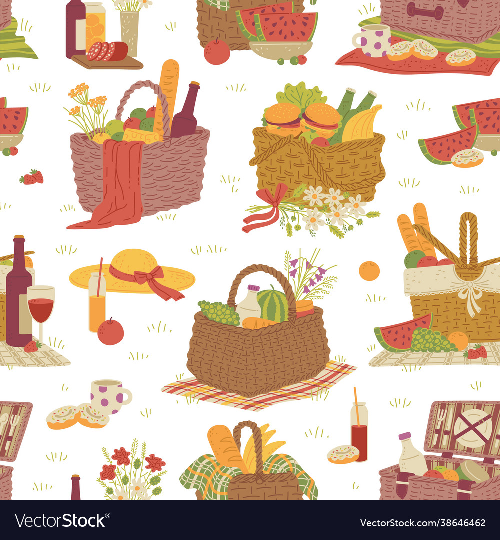 Seamless background with wicker picnic