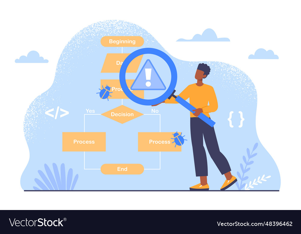 Software tester with loupe concept vector image Software tester with loupe concept