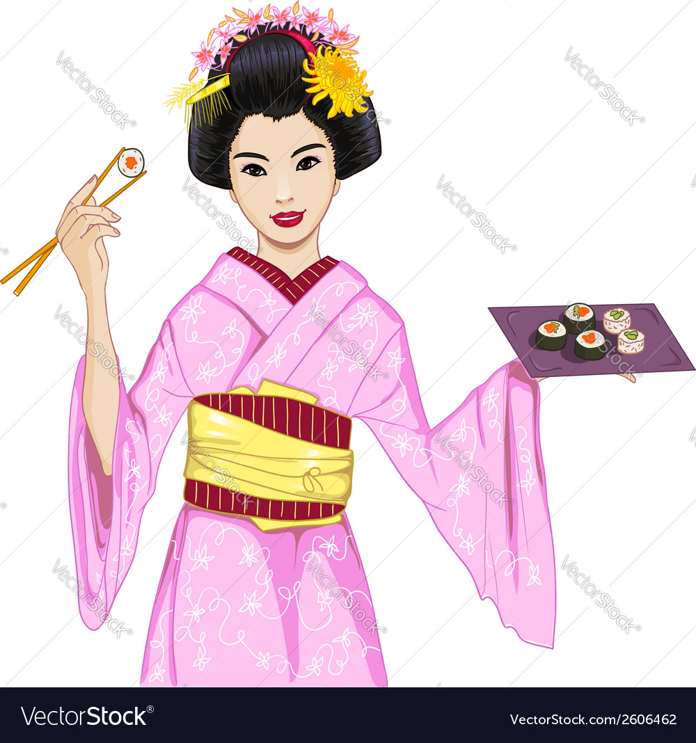 Young Beautiful Japanese Woman In Kimono Enjoys Vector Image