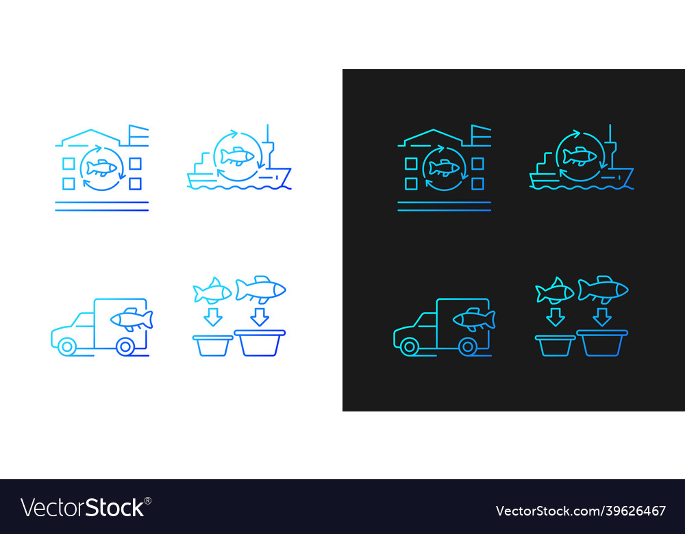 Fish processing and transportation gradient icons vector image Fish processing and transportation gradient icons