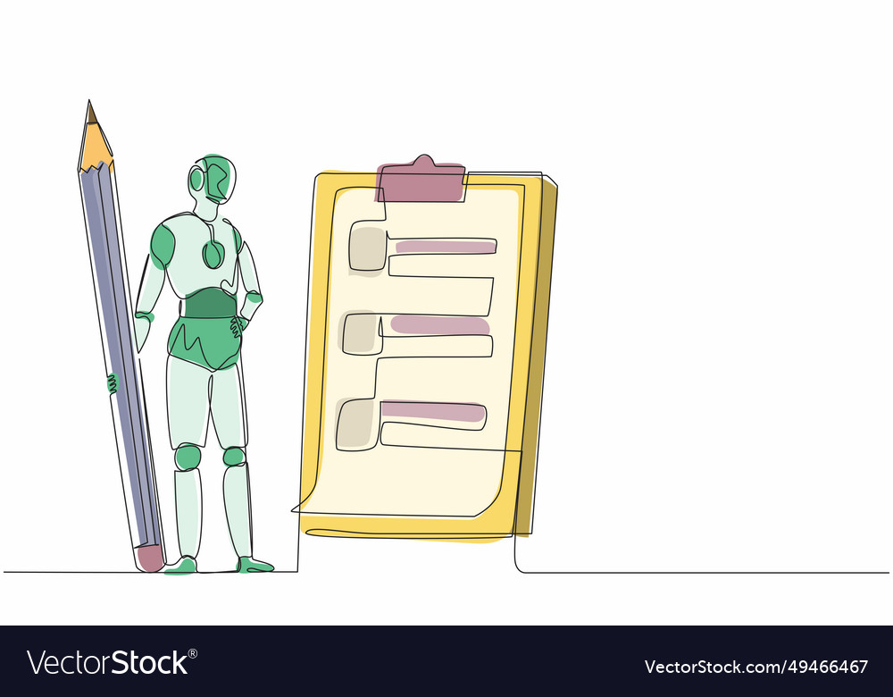Single continuous line drawing robots holding big vector image Single continuous line drawing robots holding big