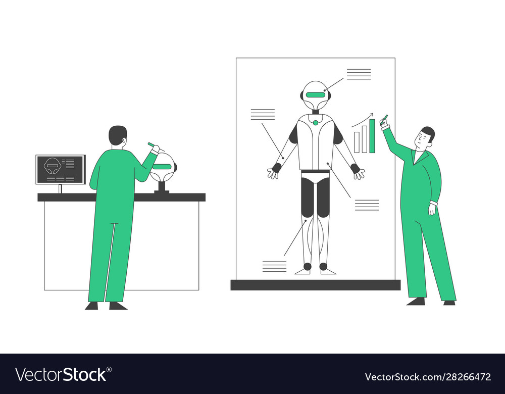 Engineers create robot in laboratory artificial vector image Engineers create robot in laboratory artificial
