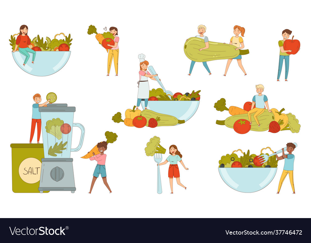 People characters bringing huge vegetables