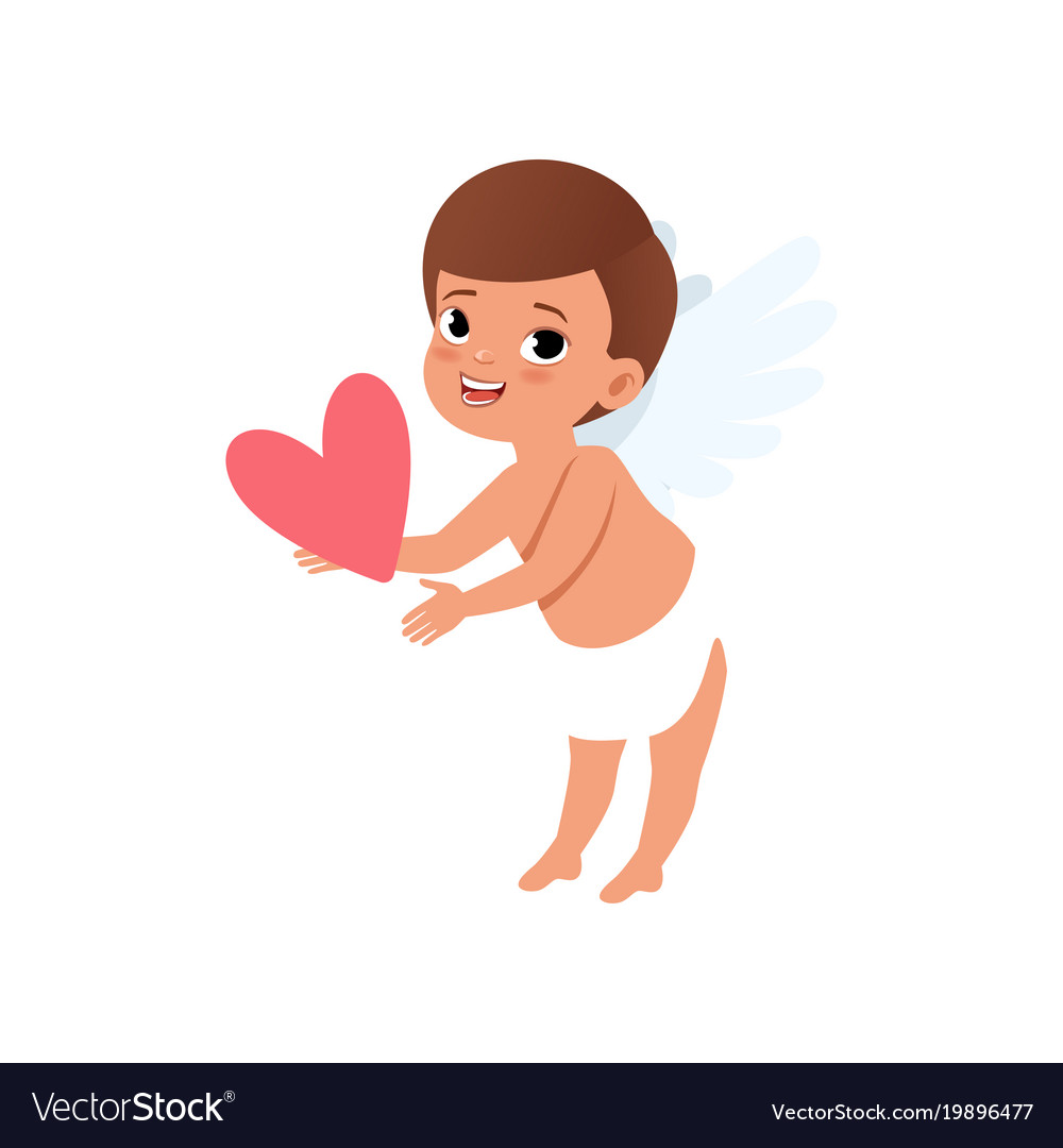 Baby cupid character holding pink heart happy Vector Image