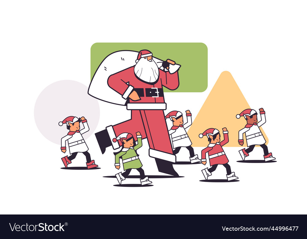 Santa claus with mix race elves in costumes happy