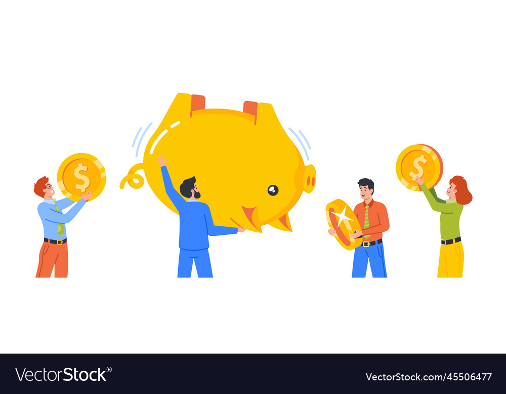 Tiny male and female characters shaking huge piggy vector image Tiny male and female characters shaking huge piggy