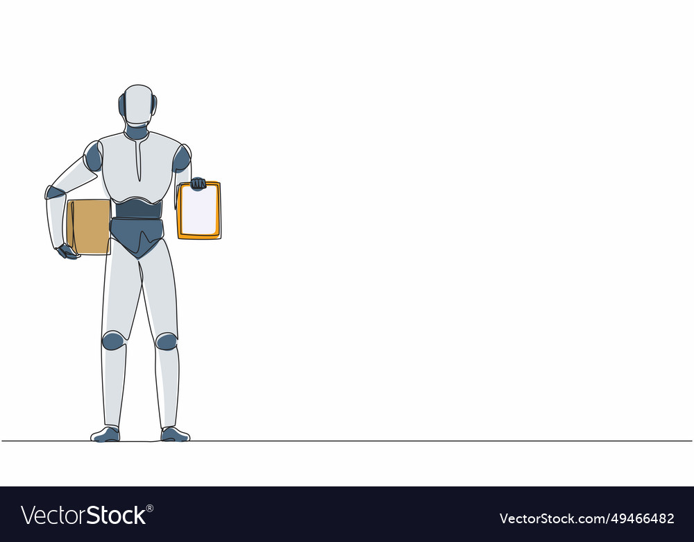 Single continuous line drawing robot holding vector image Single continuous line drawing robot holding