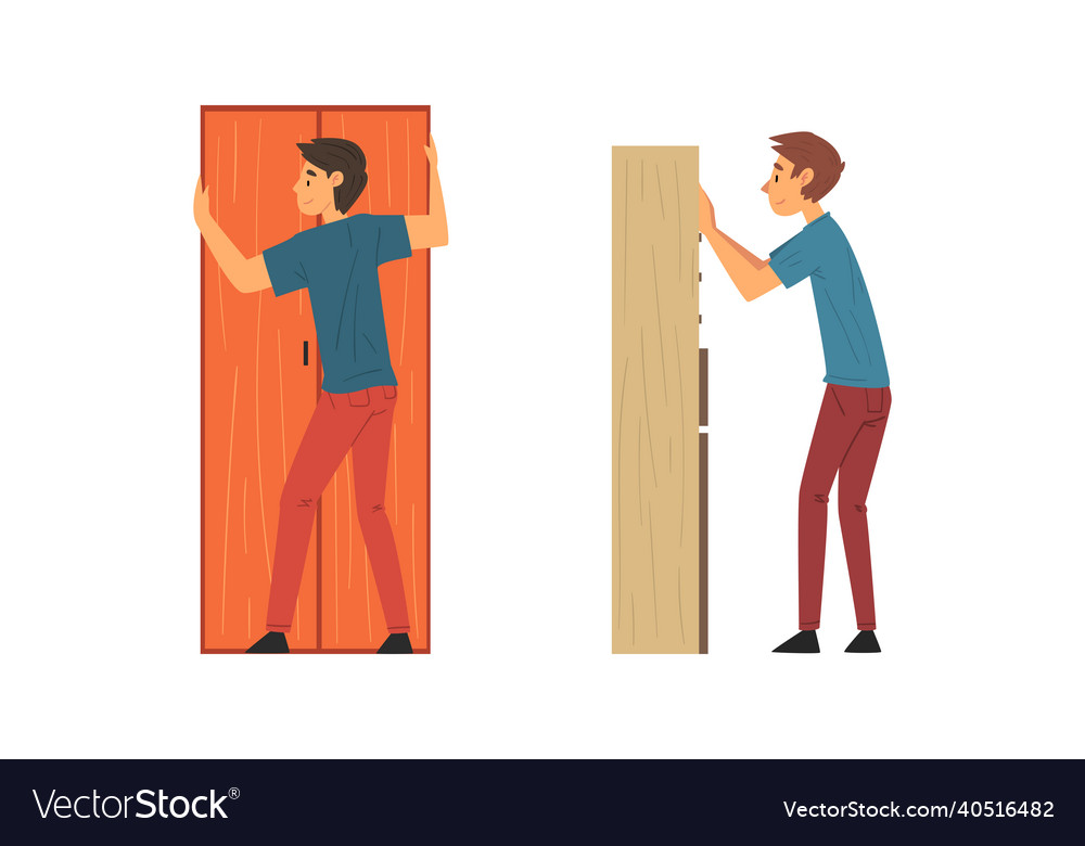 Young man assembling wooden wardrobe engaged