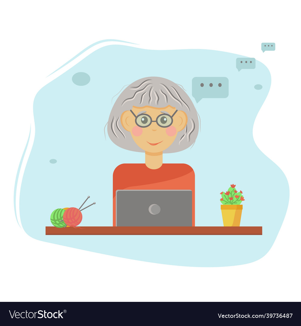 Premium Vector  Happy granny with laptop vector illustration a