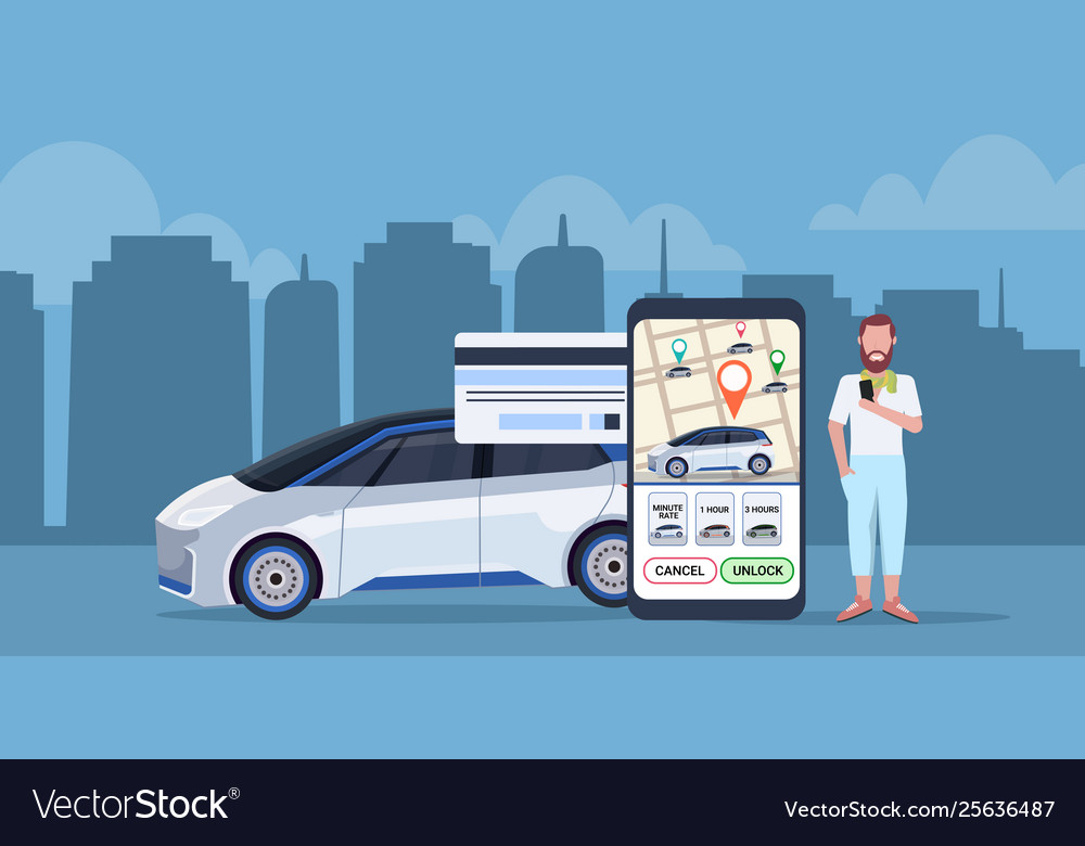 Man using mobile application online paying vector image Man using mobile application online paying