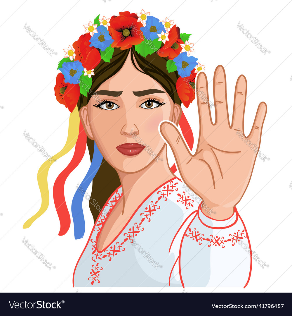 Ukrainian girl makes stop gesture with hand Vector Image