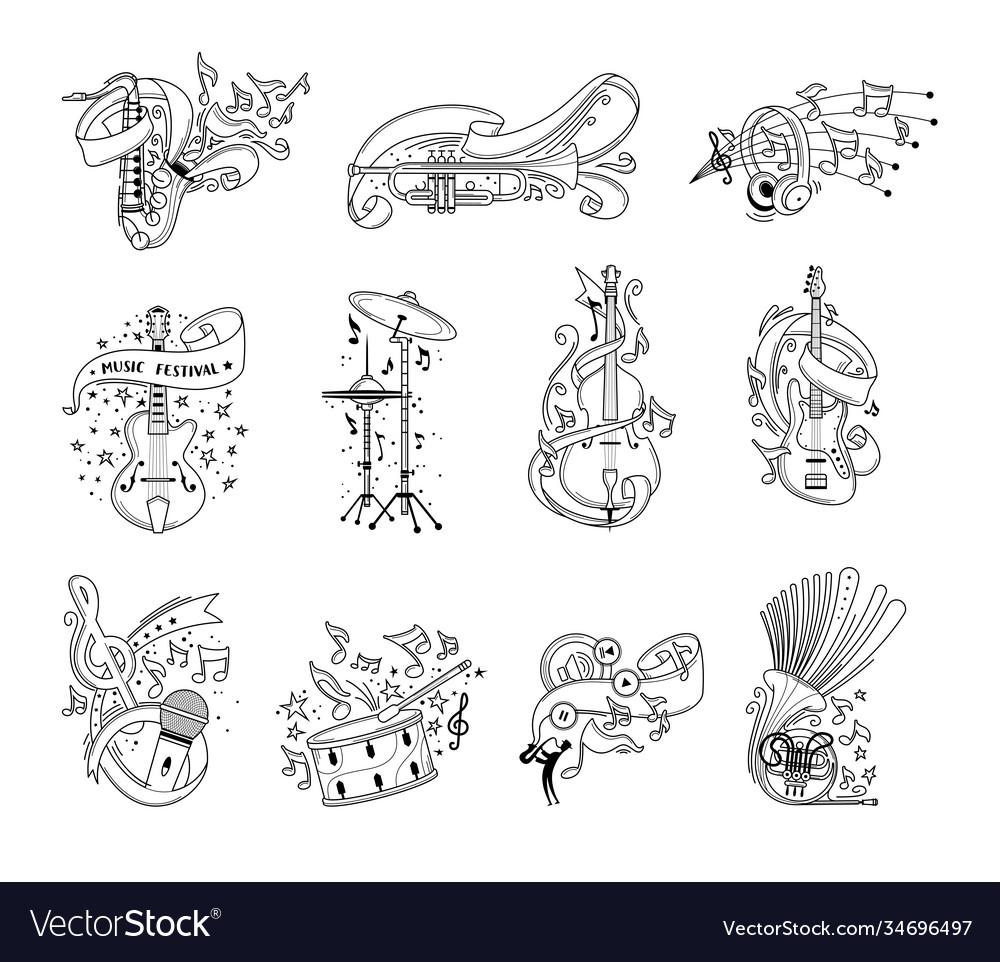 Festive musical instruments outline set Royalty Free Vector