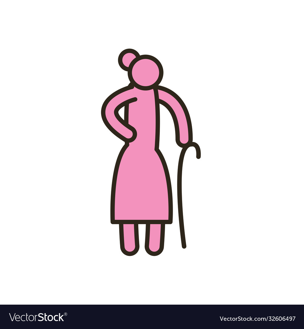Grandmother with walking stick line and fill style