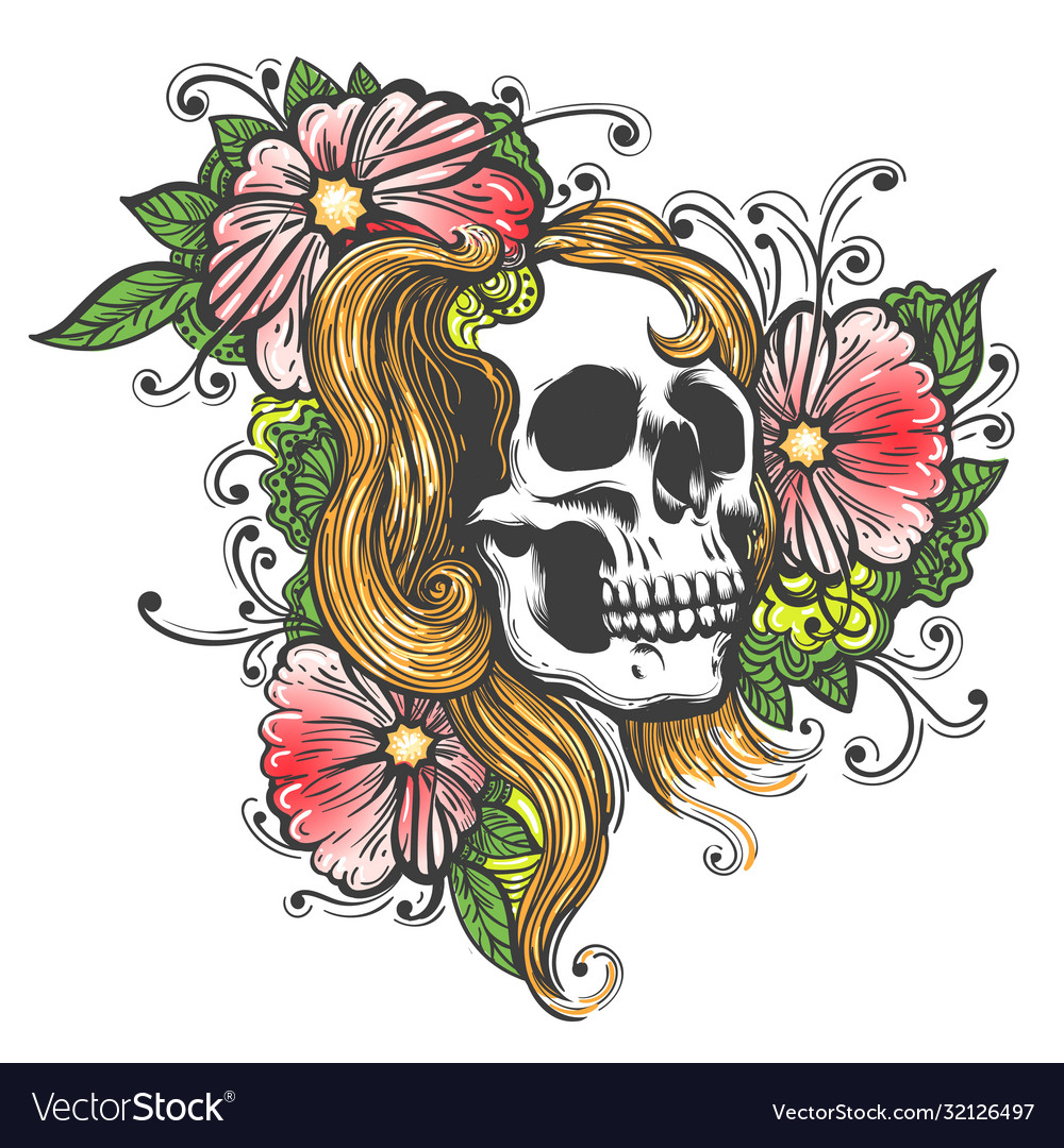 Hand drawn human skull with flowers tattoo
