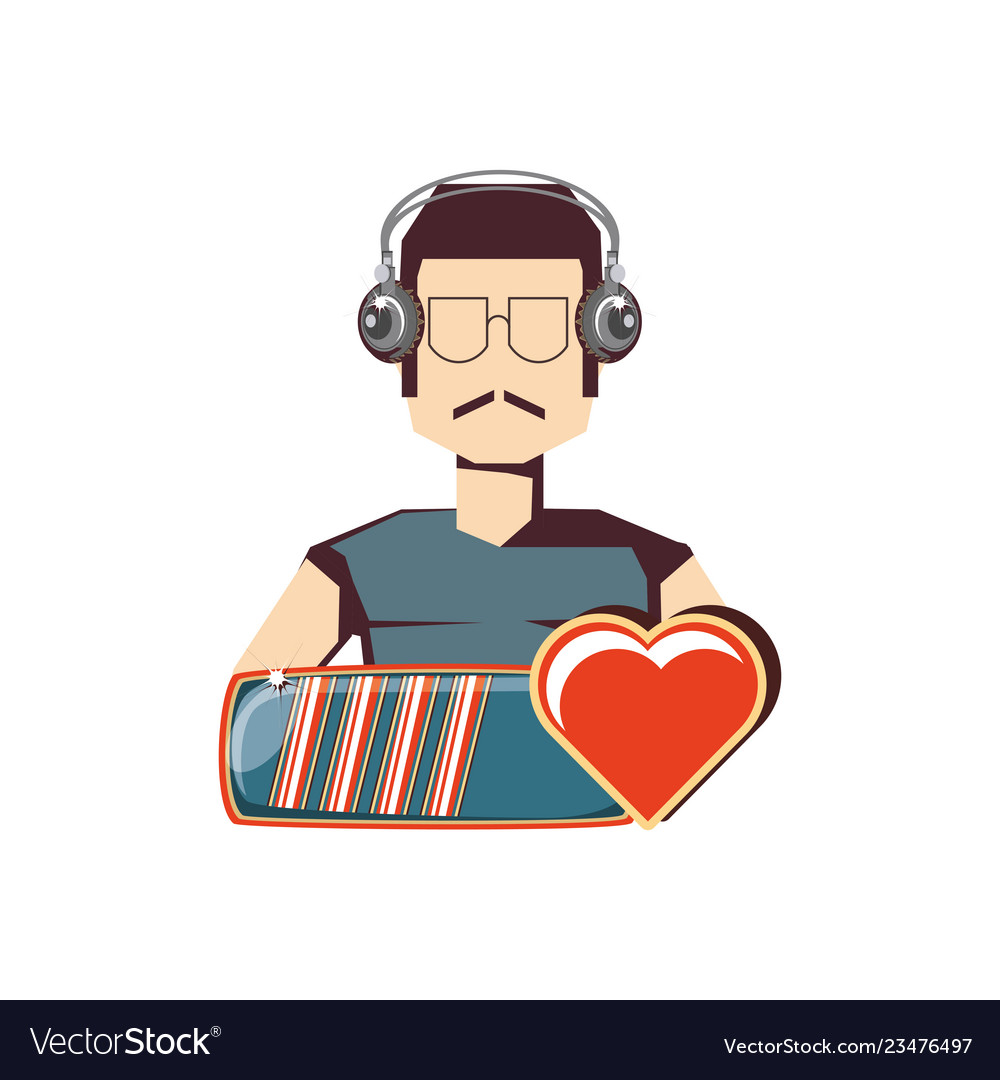 Man player video game with headphone and set icons