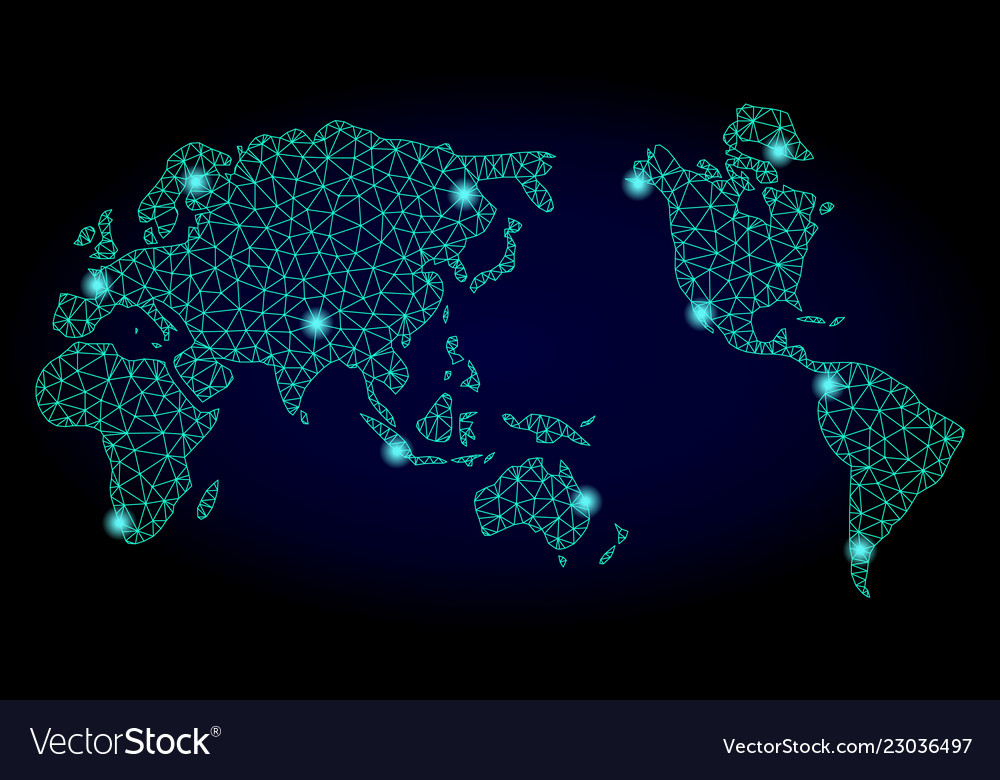 Polygonal network mesh map of earth with light