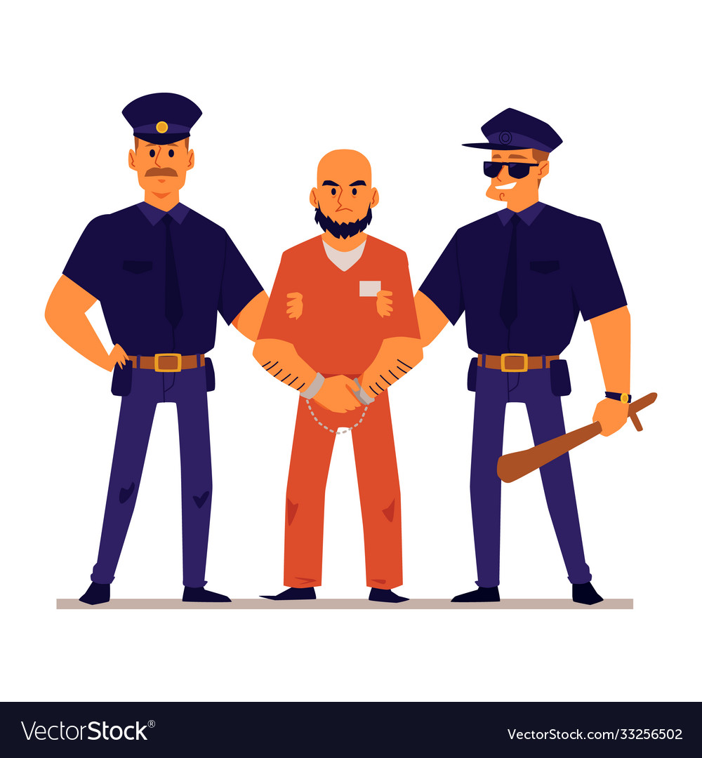 Cartoon policemen holding handcuffed criminal Vector Image