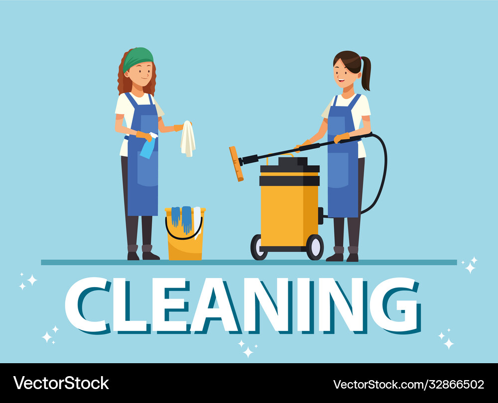 Housekeeping team female workers with equipment Vector Image