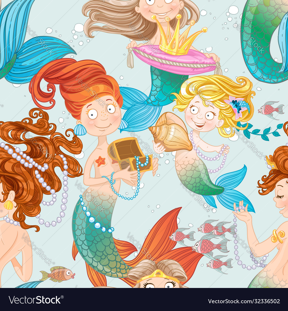 Seamless pattern with mermaids playing