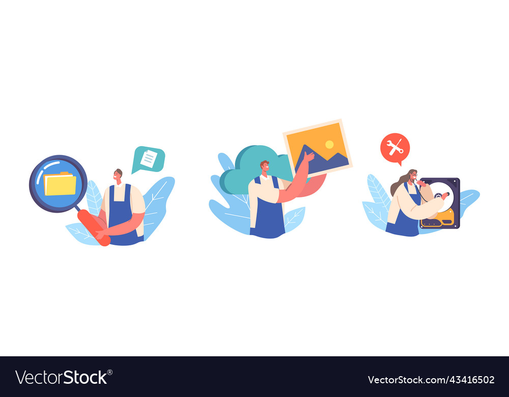 Workers characters with broken hard disk vector image Workers characters with broken hard disk