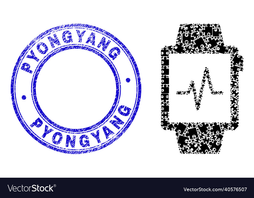 Blue scratched pyongyang badge and pulse tracker Vector Image Blue scratched pyongyang badge and pulse tracker