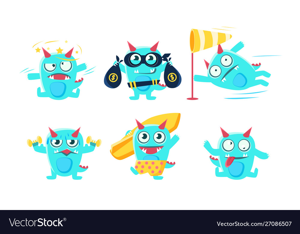 Cute cartoon monster character set funny blue