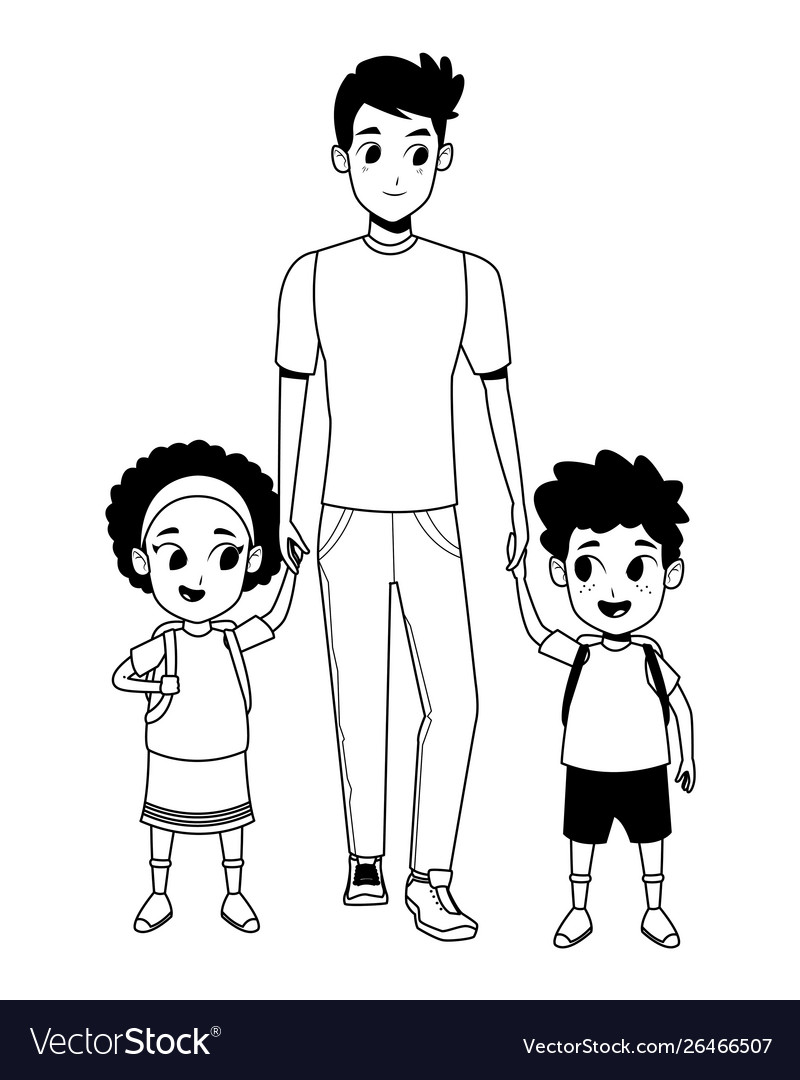 Family single father with kids in black and white Vector Image